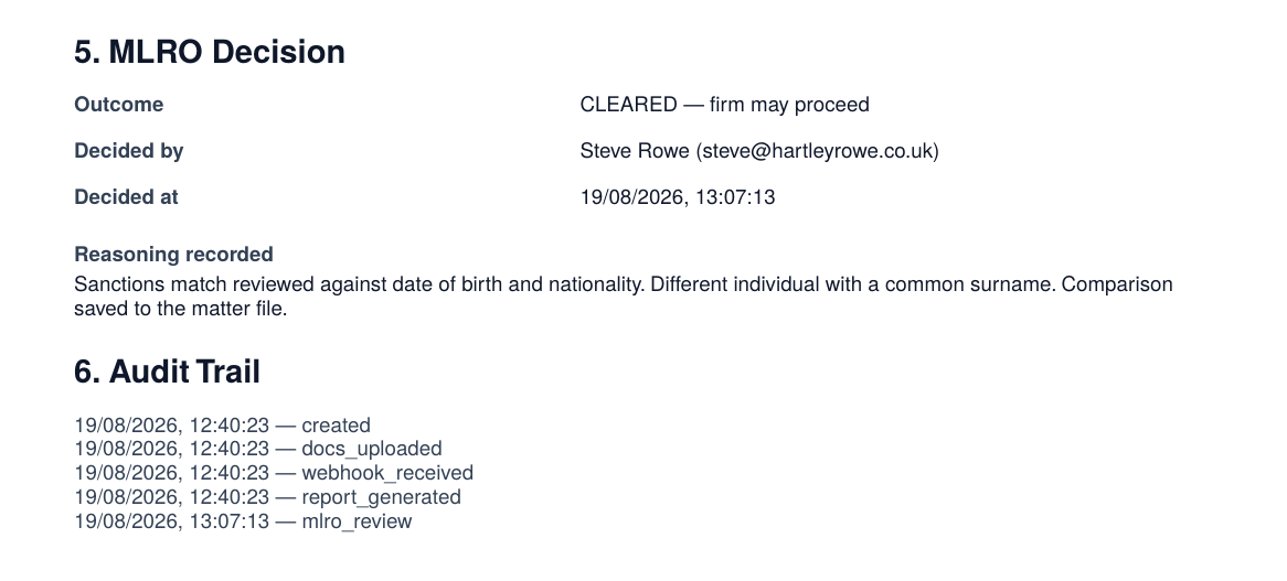 A compliance report showing the recorded MLRO decision